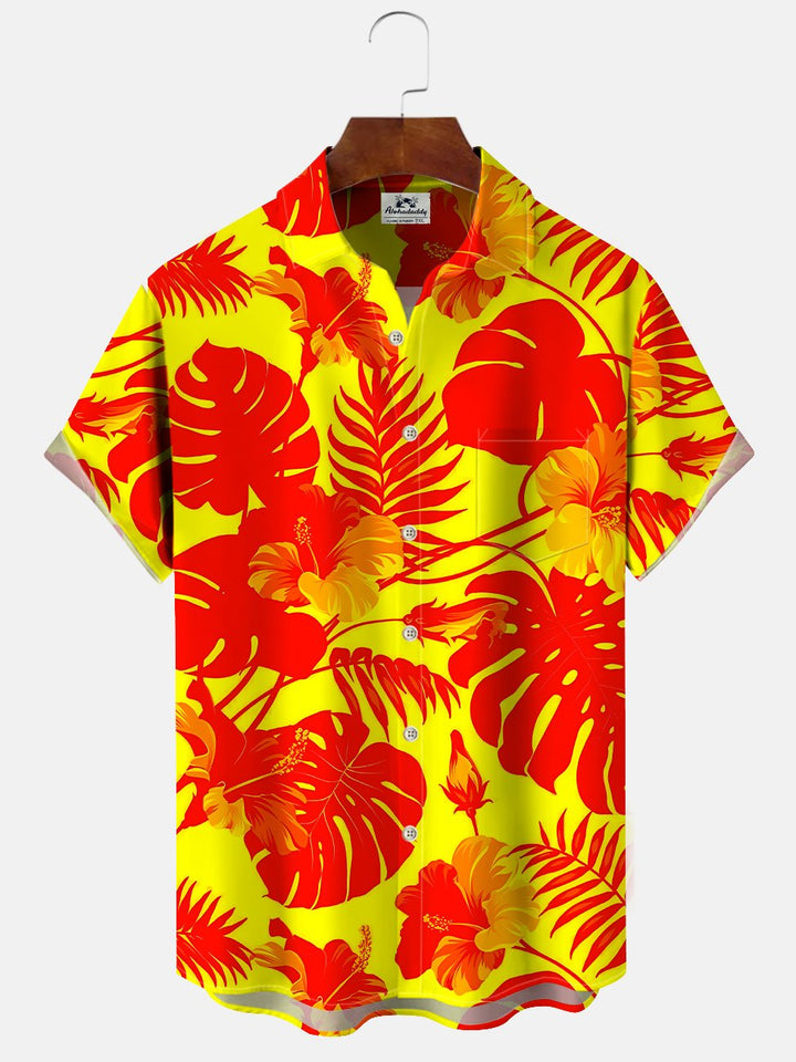 Alohadaddy Plant Leaves Fluorescent Button Pocket Casual Short Sleeve Shirt