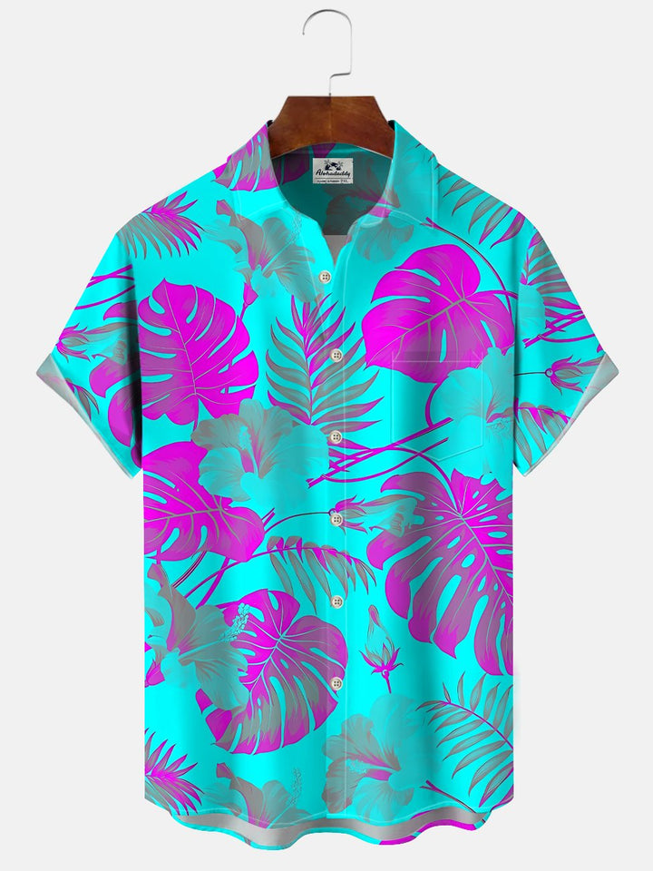 Alohadaddy Plant Leaves Fluorescent Button Pocket Casual Short Sleeve Shirt
