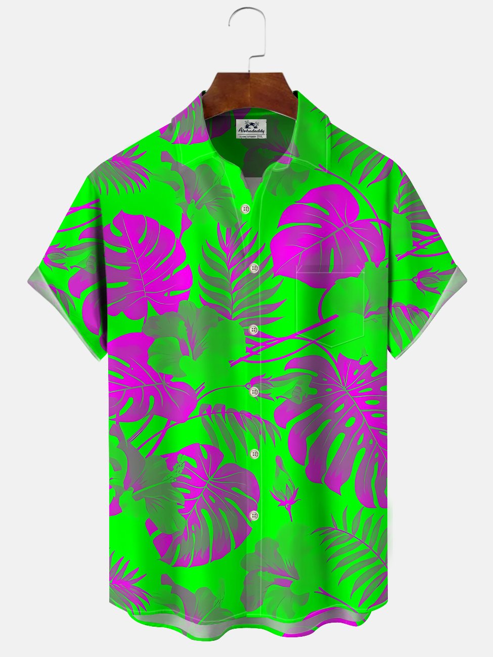 Alohadaddy Plant Leaves Fluorescent Button Pocket Casual Short Sleeve Shirt