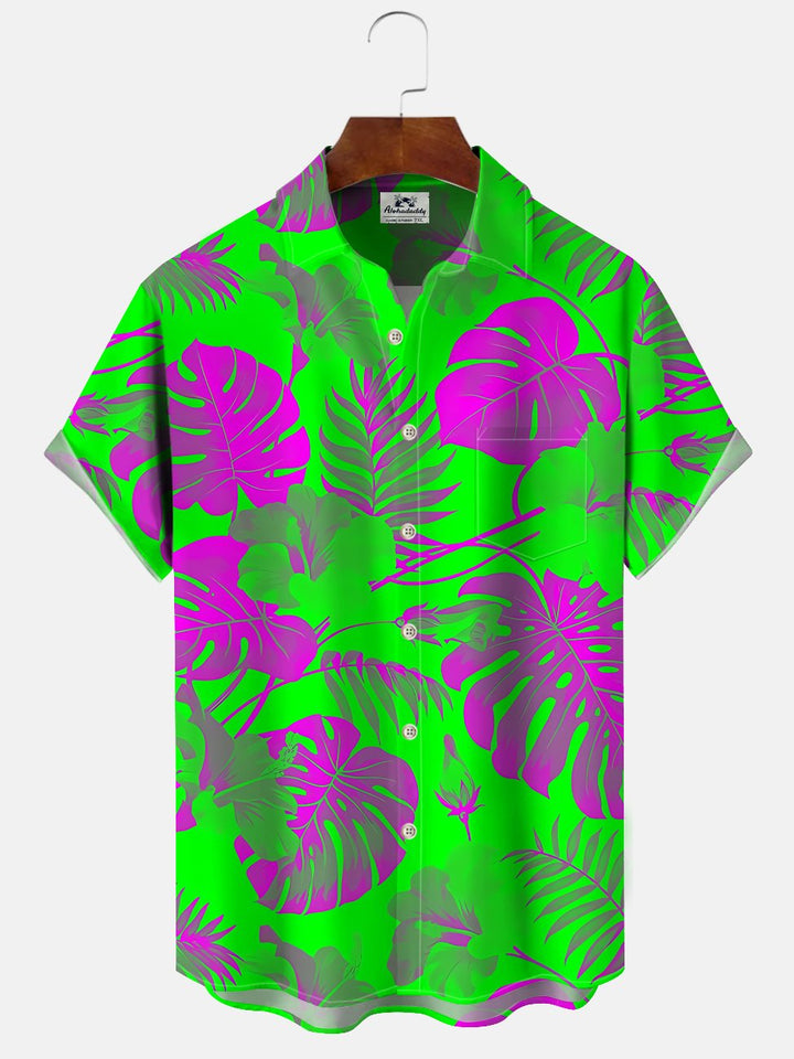 Alohadaddy Plant Leaves Fluorescent Button Pocket Casual Short Sleeve Shirt