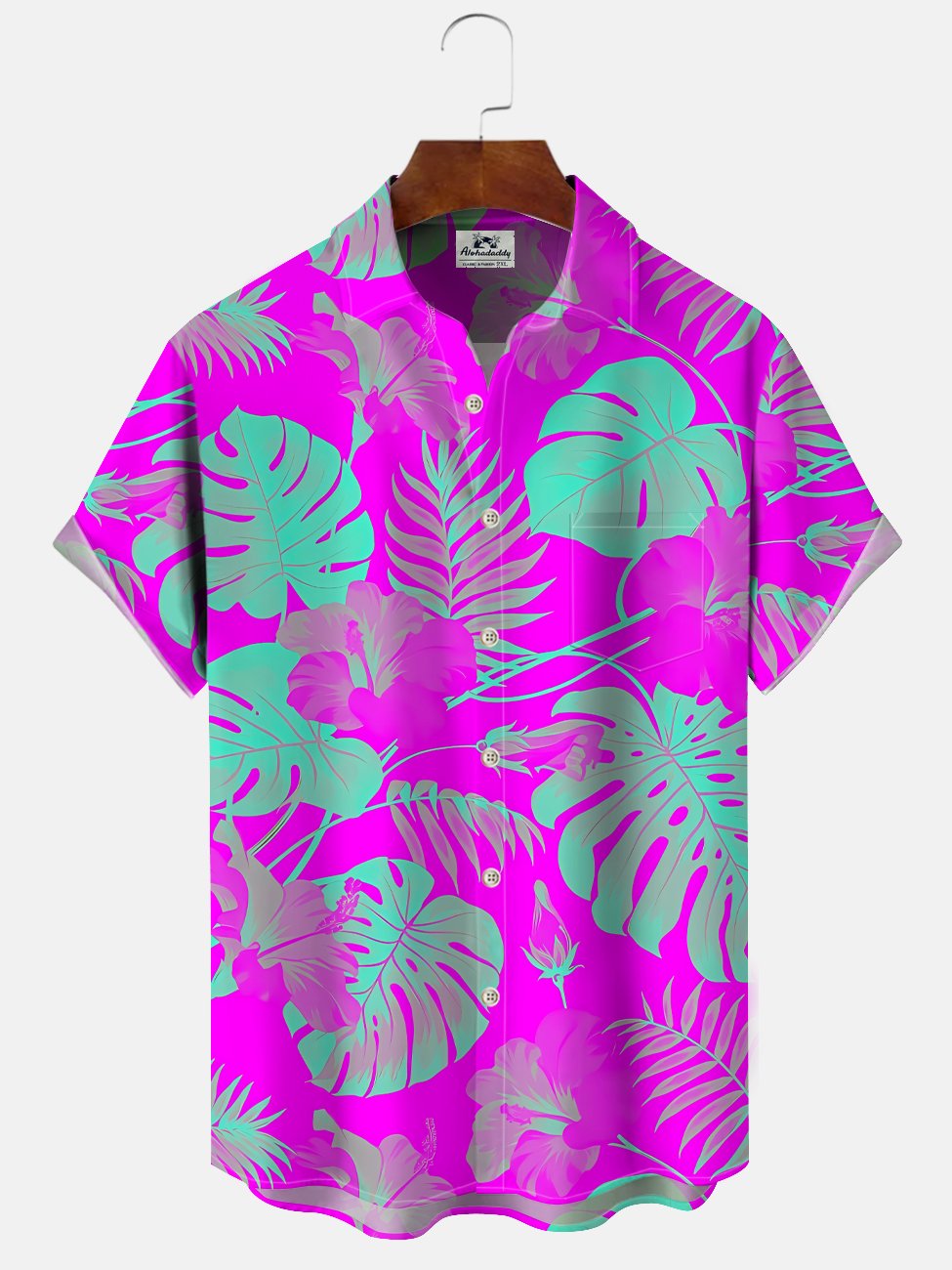 Alohadaddy Plant Leaves Fluorescent Button Pocket Casual Short Sleeve Shirt