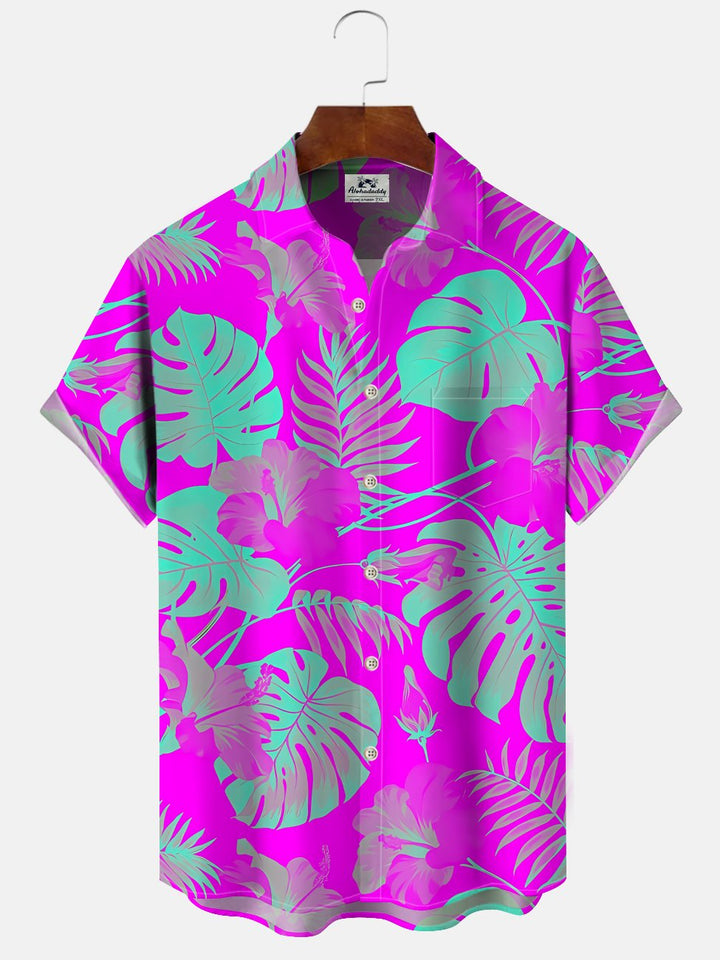 Alohadaddy Plant Leaves Fluorescent Button Pocket Casual Short Sleeve Shirt