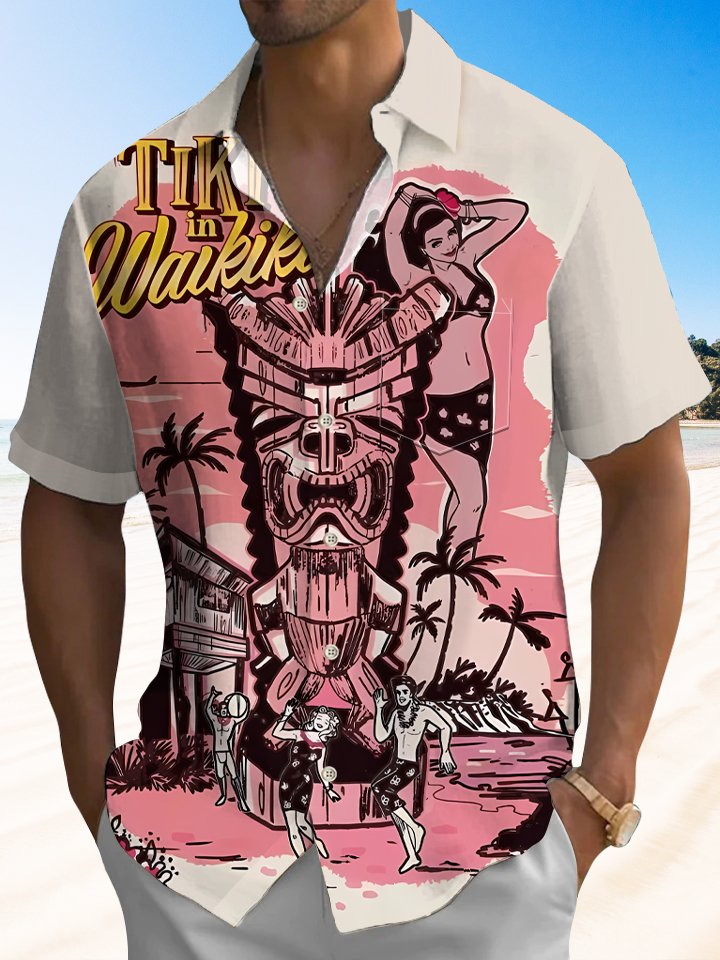 Alohadaddy Beach Tiki Button Pocket Casual Short Sleeve Shirt