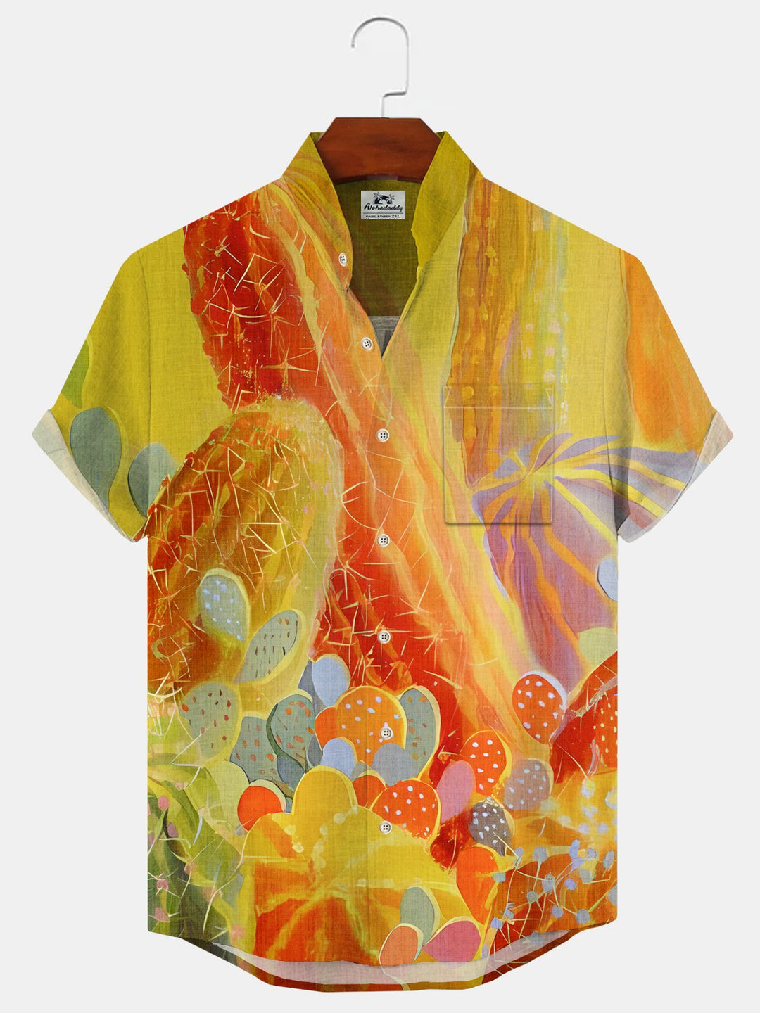 Alohadaddy Tropical Cactus Plant Button Pocket Casual Short Sleeve Stand Collar Shirt