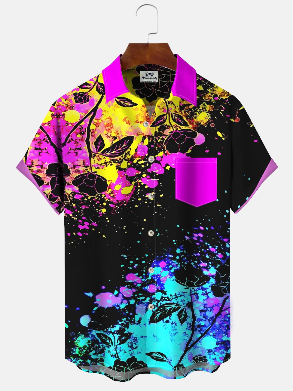 Alohadaddy Plant Flower Fluorescent Button Pocket Casual Short Sleeve Shirt