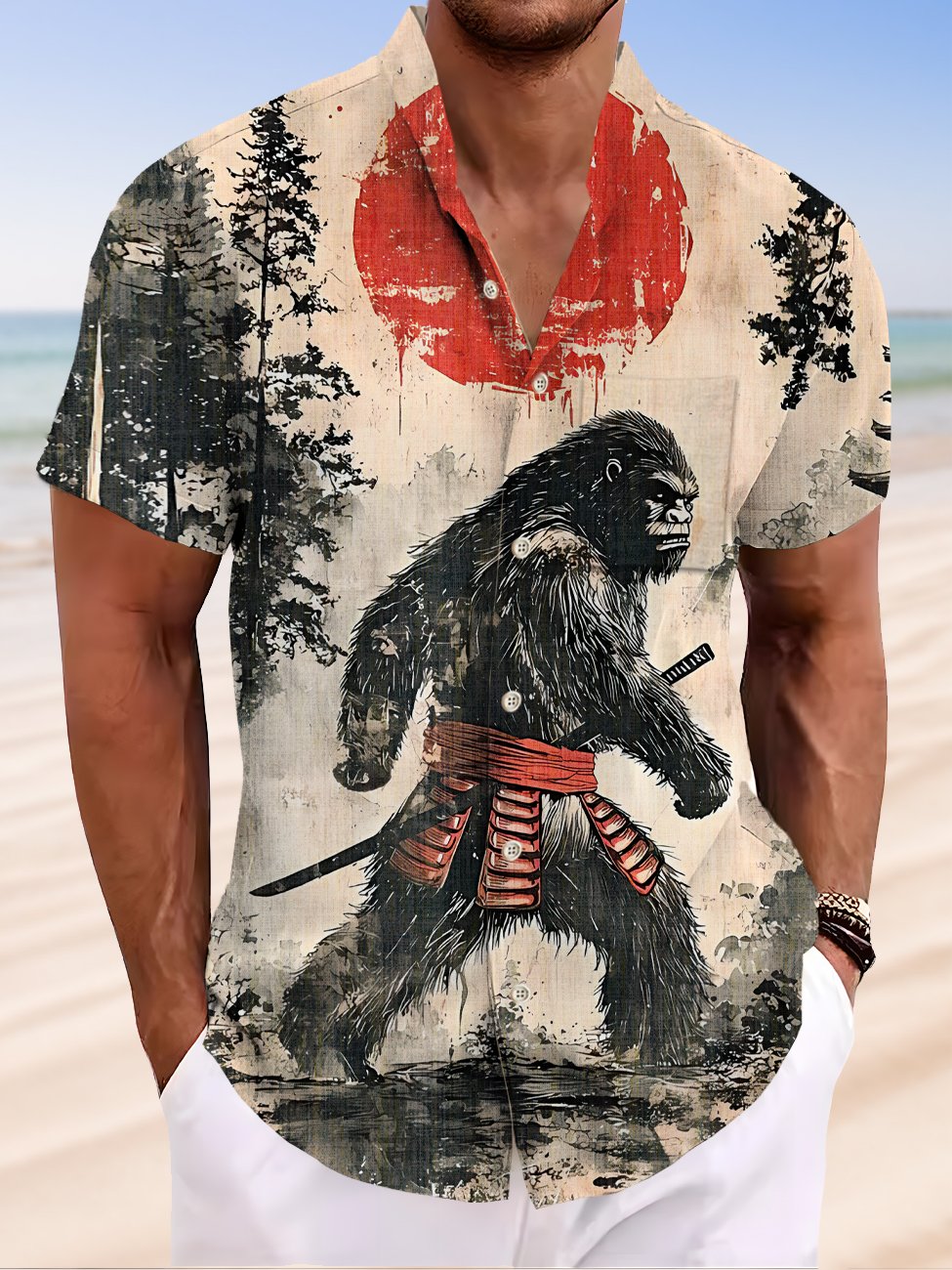 Alohadaddy King Kong Button Pocket Casual Short Sleeve Stand Collar Shirt