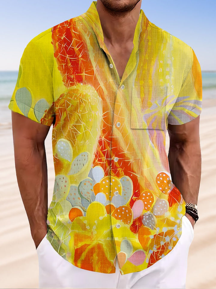 Alohadaddy Tropical Cactus Plant Button Pocket Casual Short Sleeve Stand Collar Shirt