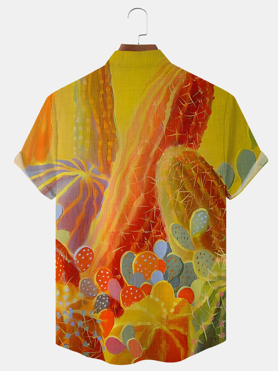 Alohadaddy Tropical Cactus Plant Button Pocket Casual Short Sleeve Stand Collar Shirt