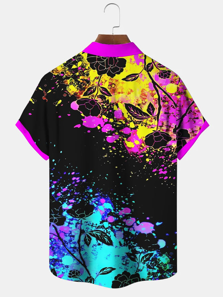 Alohadaddy Plant Flower Fluorescent Button Pocket Casual Short Sleeve Shirt