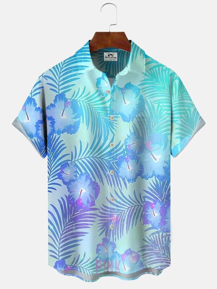 Alohadaddy Coconut Tree Gradient Beach Button Pocket Casual Short Sleeve Shirt