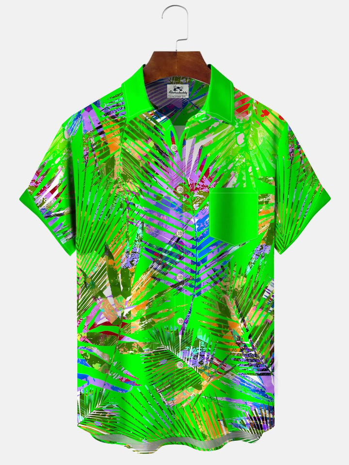 Alohadaddy Plant Leaves Button Pocket Casual Short Sleeve Shirt