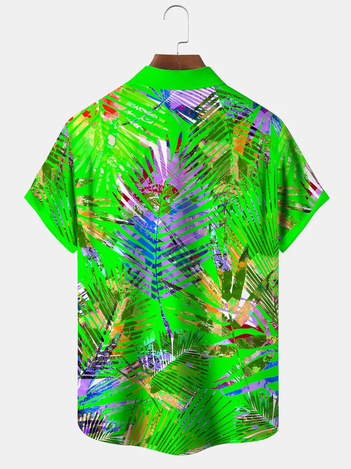 Alohadaddy Plant Leaves Button Pocket Casual Short Sleeve Shirt