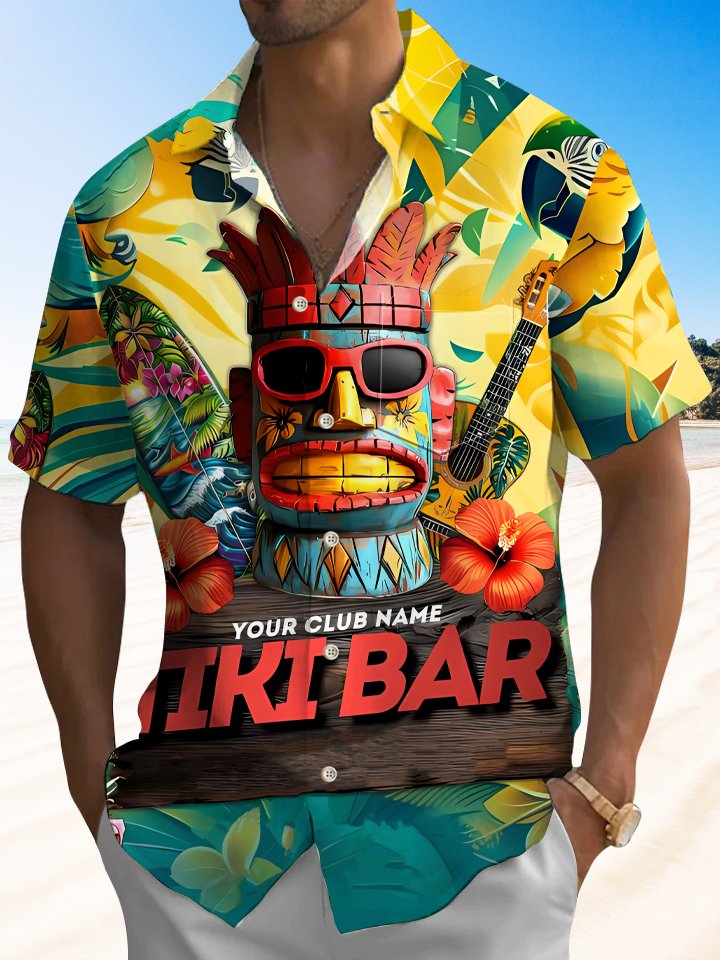 Alohadaddy Tiki Coconut Tree Button Pocket Casual Short Sleeve Shirt
