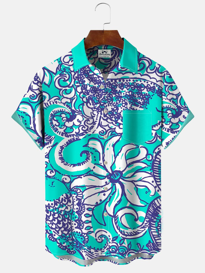 Alohadaddy Geometric Pattern Button Pocket Casual Short Sleeve Shirt