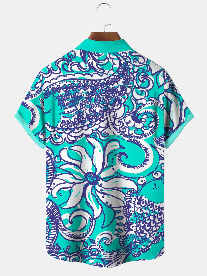 Alohadaddy Geometric Pattern Button Pocket Casual Short Sleeve Shirt