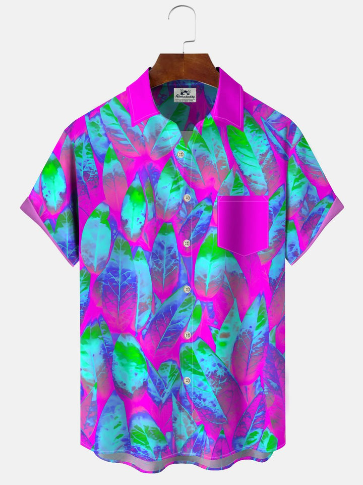 Alohadaddy Plant Leaves Button Pocket Casual Short Sleeve Shirt