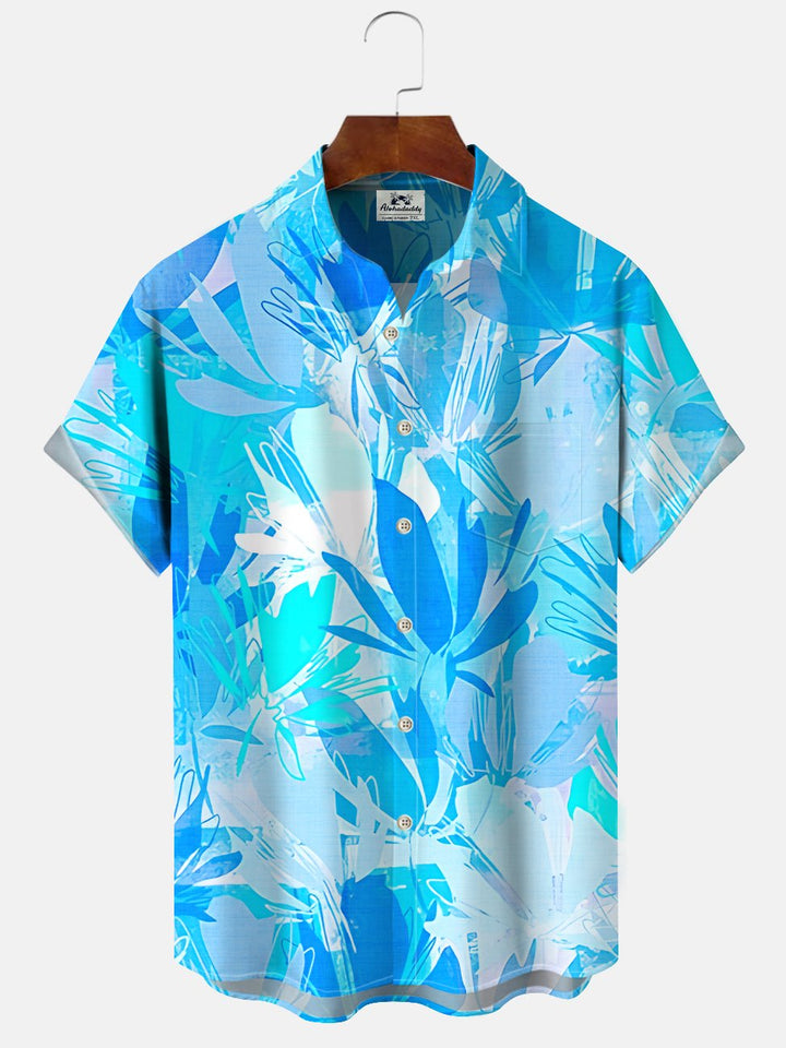 Alohadaddy Plant Leaves Button Pocket Casual Short Sleeve Shirt
