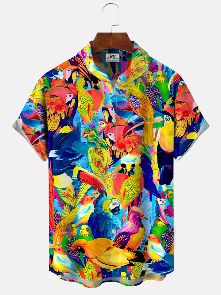 Alohadaddy Parrot Coconut Tree Button Pocket Casual Short Sleeve Stand Collar Shirt