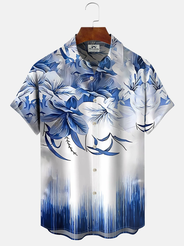 Alohadaddy Plant Leaves Gradient Button Pocket Casual Short Sleeve Shirt