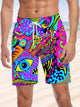 Alohadaddy Abstract Art Fluorescent Color Drawstring Pocket Casual Beach Shorts