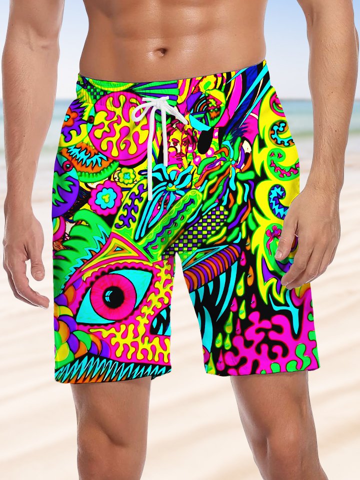 Alohadaddy Abstract Art Fluorescent Color Drawstring Pocket Casual Beach Shorts