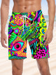 Alohadaddy Abstract Art Fluorescent Color Drawstring Pocket Casual Beach Shorts