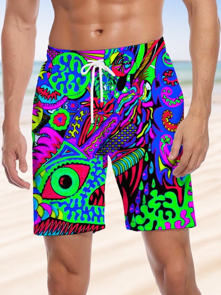 Alohadaddy Abstract Art Fluorescent Color Drawstring Pocket Casual Beach Shorts