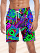 Alohadaddy Abstract Art Fluorescent Color Drawstring Pocket Casual Beach Shorts