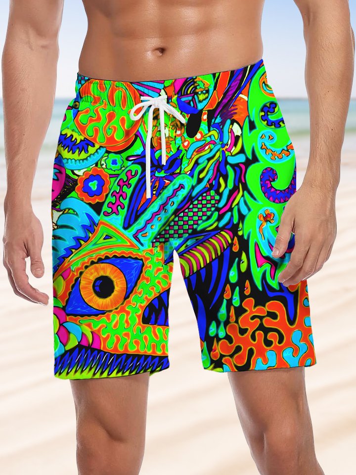 Alohadaddy Abstract Art Fluorescent Color Drawstring Pocket Casual Beach Shorts