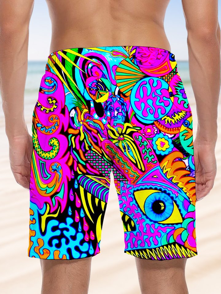 Alohadaddy Abstract Art Fluorescent Color Drawstring Pocket Casual Beach Shorts