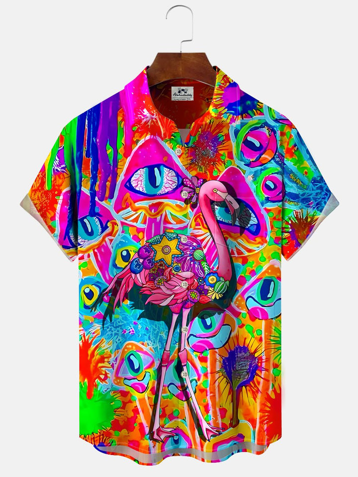Alohadaddy Abstract Art Flamingo Button Pocket Casual Short Sleeve Shirt