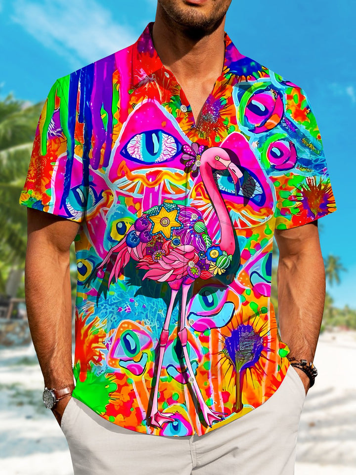 Alohadaddy Abstract Art Flamingo Button Pocket Casual Short Sleeve Shirt