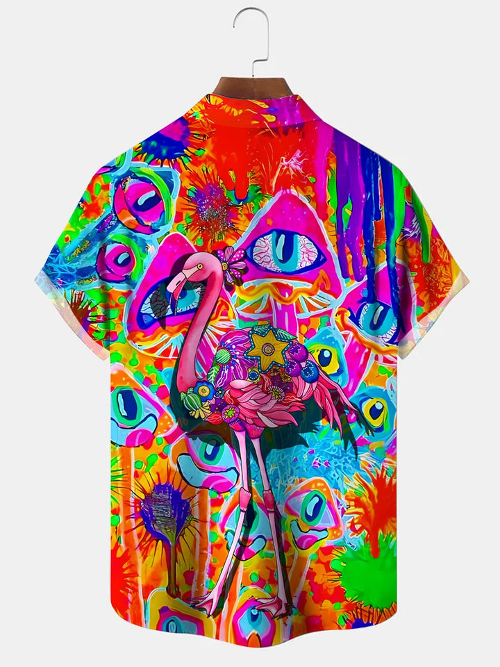 Alohadaddy Abstract Art Flamingo Button Pocket Casual Short Sleeve Shirt