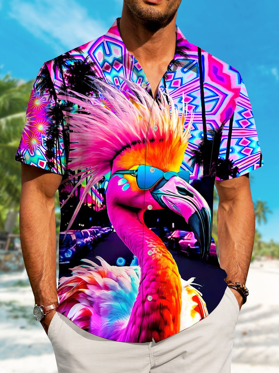 Alohadaddy Flamingo Coconut Tree Button Pocket Casual Short Sleeve Shirt