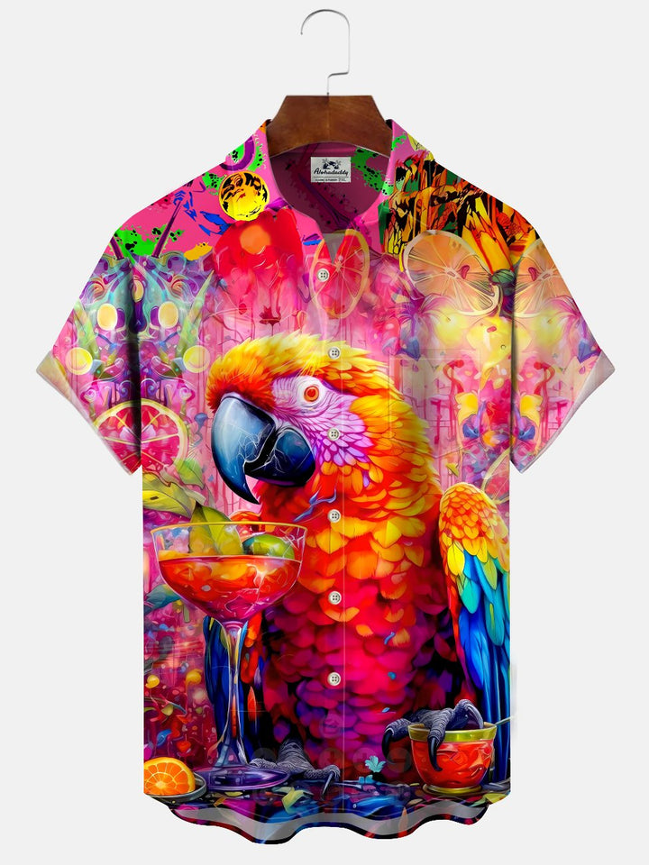 Alohadaddy Parrot Cocktail Button Pocket Casual Short Sleeve Resort Shirt