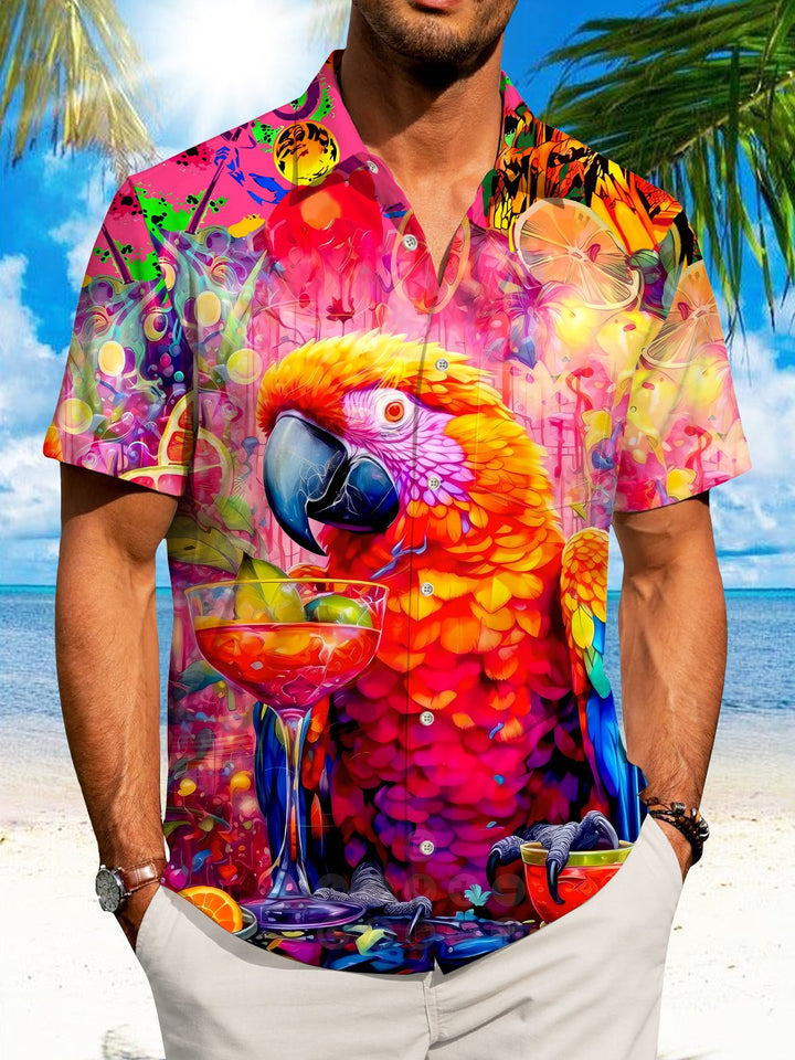 Alohadaddy Parrot Cocktail Button Pocket Casual Short Sleeve Resort Shirt