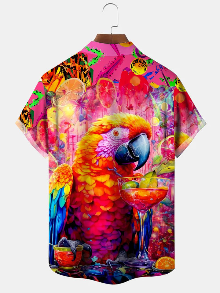 Alohadaddy Parrot Cocktail Button Pocket Casual Short Sleeve Resort Shirt