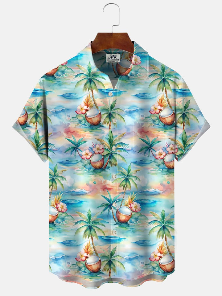 Alohadaddy Coconut Tree Button Pocket Casual Short Sleeve Shirt