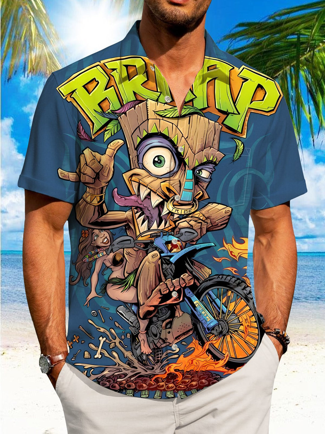Alohadaddy Tiki Coconut Tree Button Pocket Casual Short Sleeve Shirt