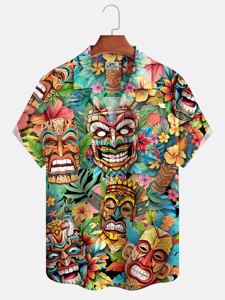 Alohadaddy Mask Tiki Button Pocket Casual Short Sleeve Shirt