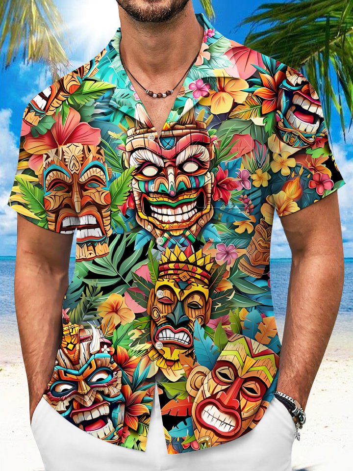 Alohadaddy Mask Tiki Button Pocket Casual Short Sleeve Shirt