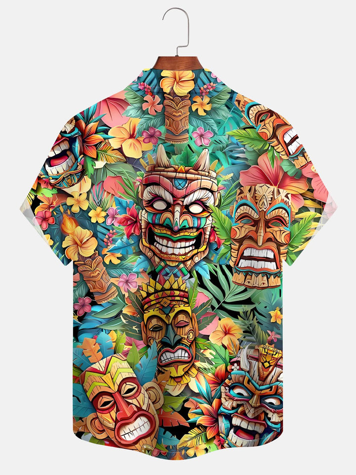 Alohadaddy Mask Tiki Button Pocket Casual Short Sleeve Shirt