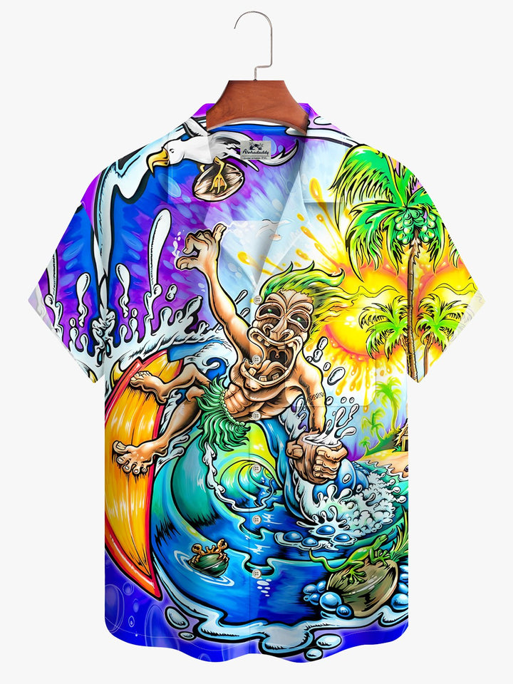Alohadaddy Beach Coconut Tree Tiki Button Pocket Casual Short Sleeve Shirt