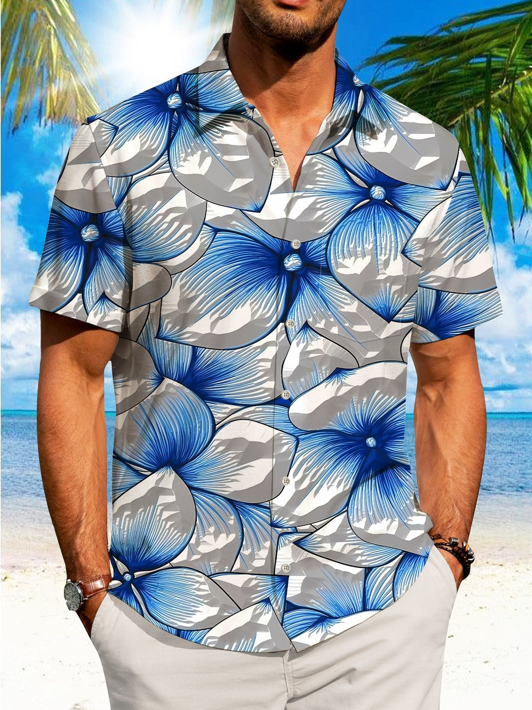 Alohadaddy Plant Flower Button Pocket Casual Short Sleeve Shirt