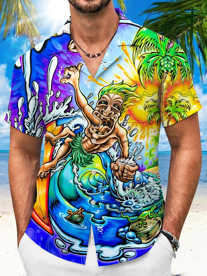 Alohadaddy Beach Coconut Tree Tiki Button Pocket Casual Short Sleeve Shirt