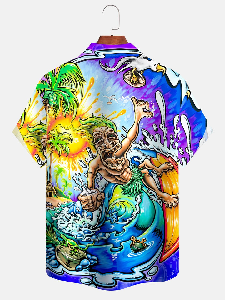 Alohadaddy Beach Coconut Tree Tiki Button Pocket Casual Short Sleeve Shirt