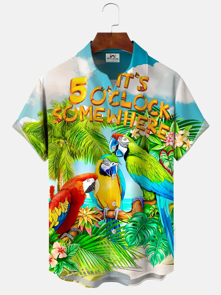 Alohadaddy Beach Parrot Coconut Tree Button Pocket Casual Short Sleeve Shirt