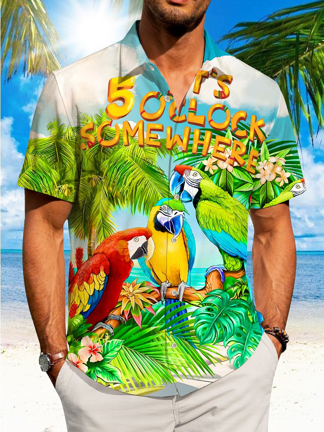 Alohadaddy Beach Parrot Coconut Tree Button Pocket Casual Short Sleeve Shirt