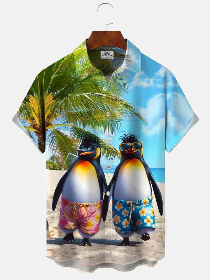 Alohadaddy Beach Coconut Tree Penguin Button Pocket Casual Short Sleeve Shirt