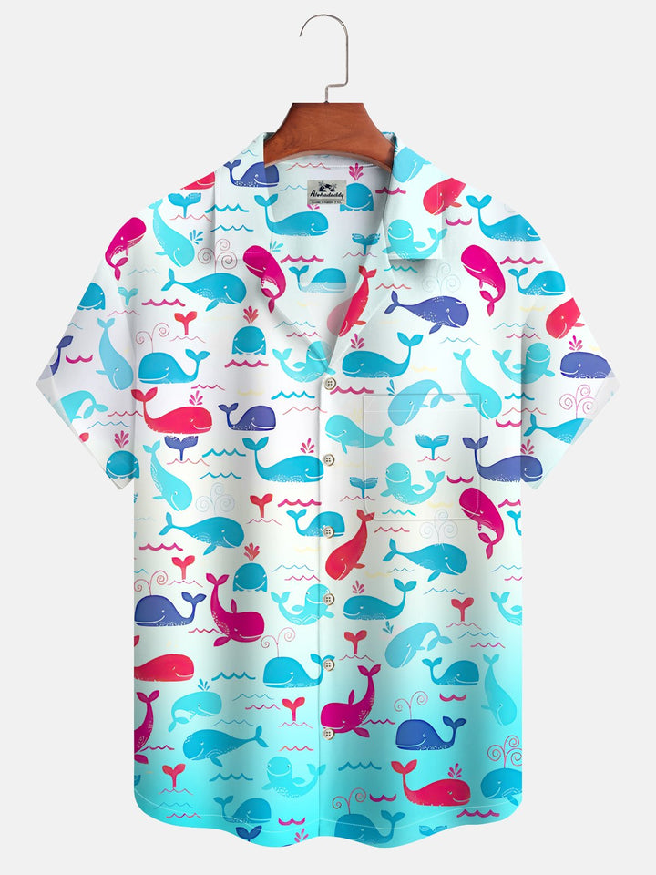 Alohadaddy Gradient Ocean Whale Button Pocket Casual Short Sleeve Shirt